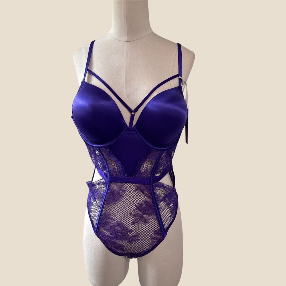 Victoria's Secret Purple Lace Satin Teddy Bodysuit Underwire Strappy NWT M